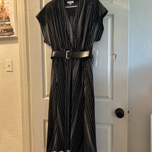 Calvin Klein Black Pinstripe Belted Midi Dress